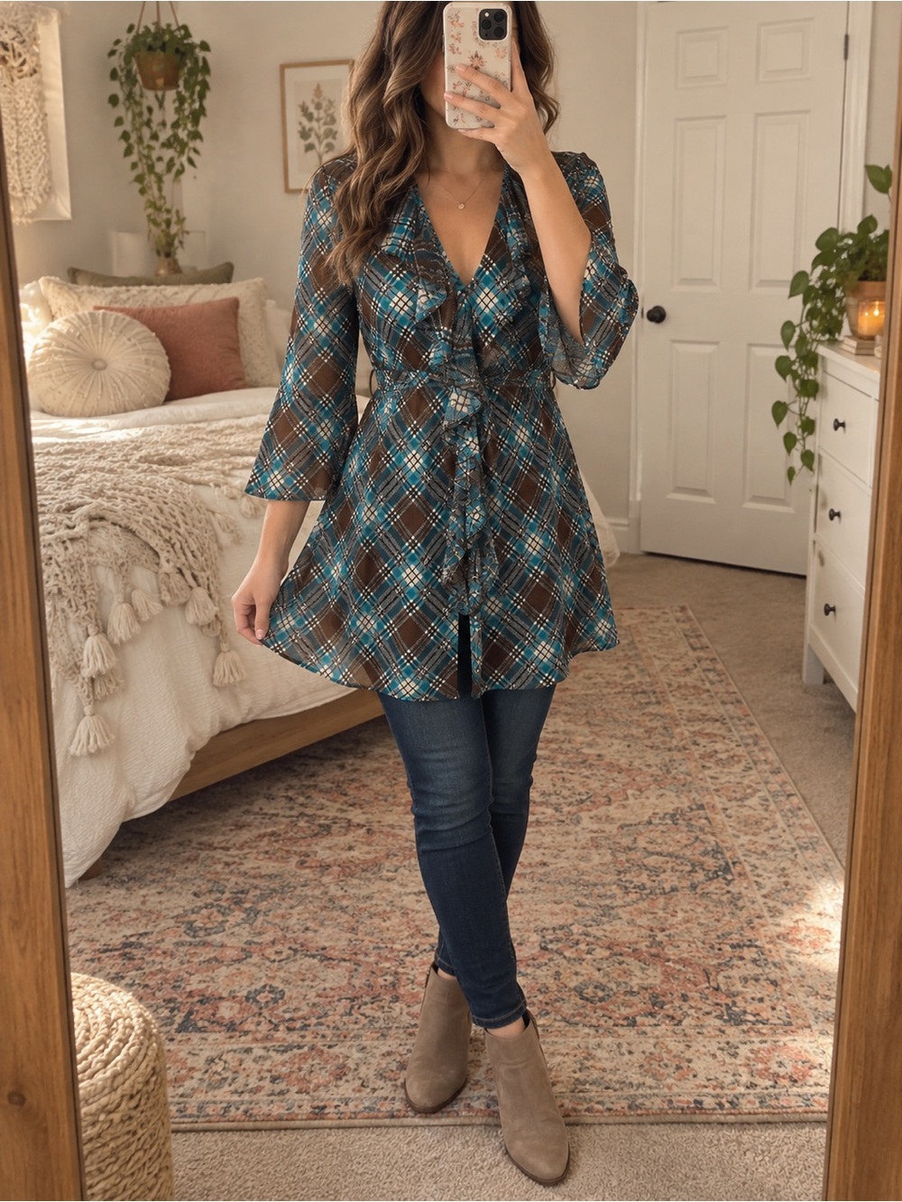 Plaid Tie-Waist Tunic Top - Teal & Brown